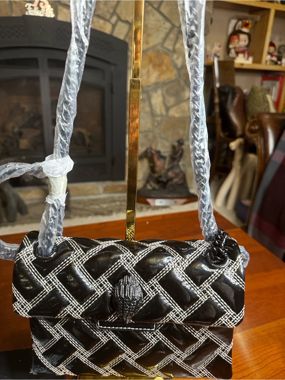 NWT Kurt Geiger Mini Kensington Drench Black Patent White Stitch